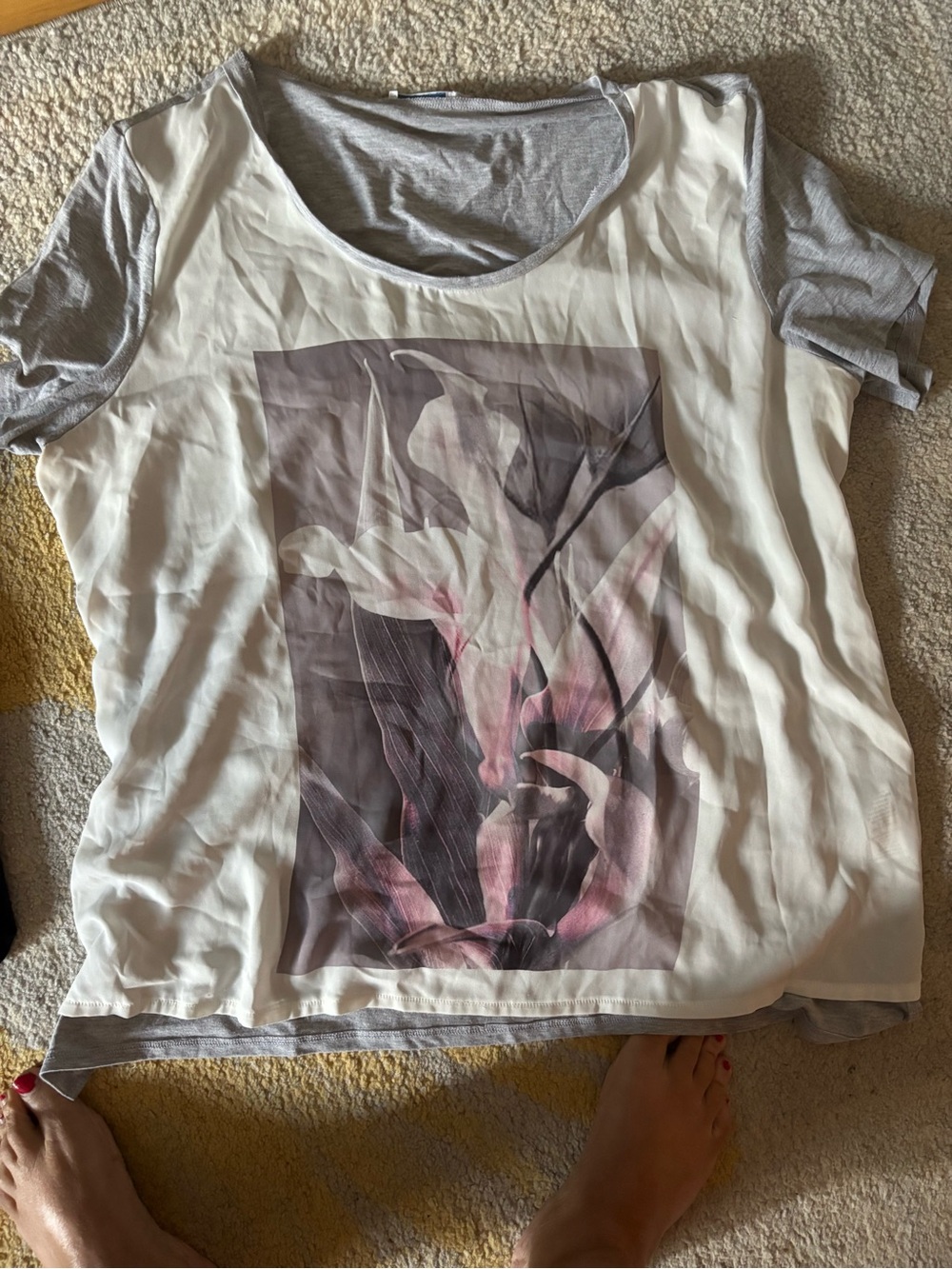 Ricki's White Scoop Neck Tee with Gray Sleeves & Pink Floral Panel